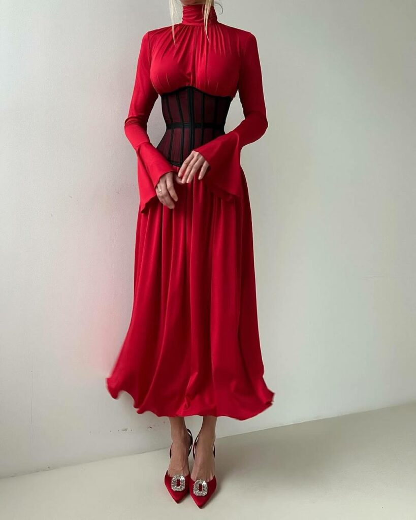 Red godet dress 4