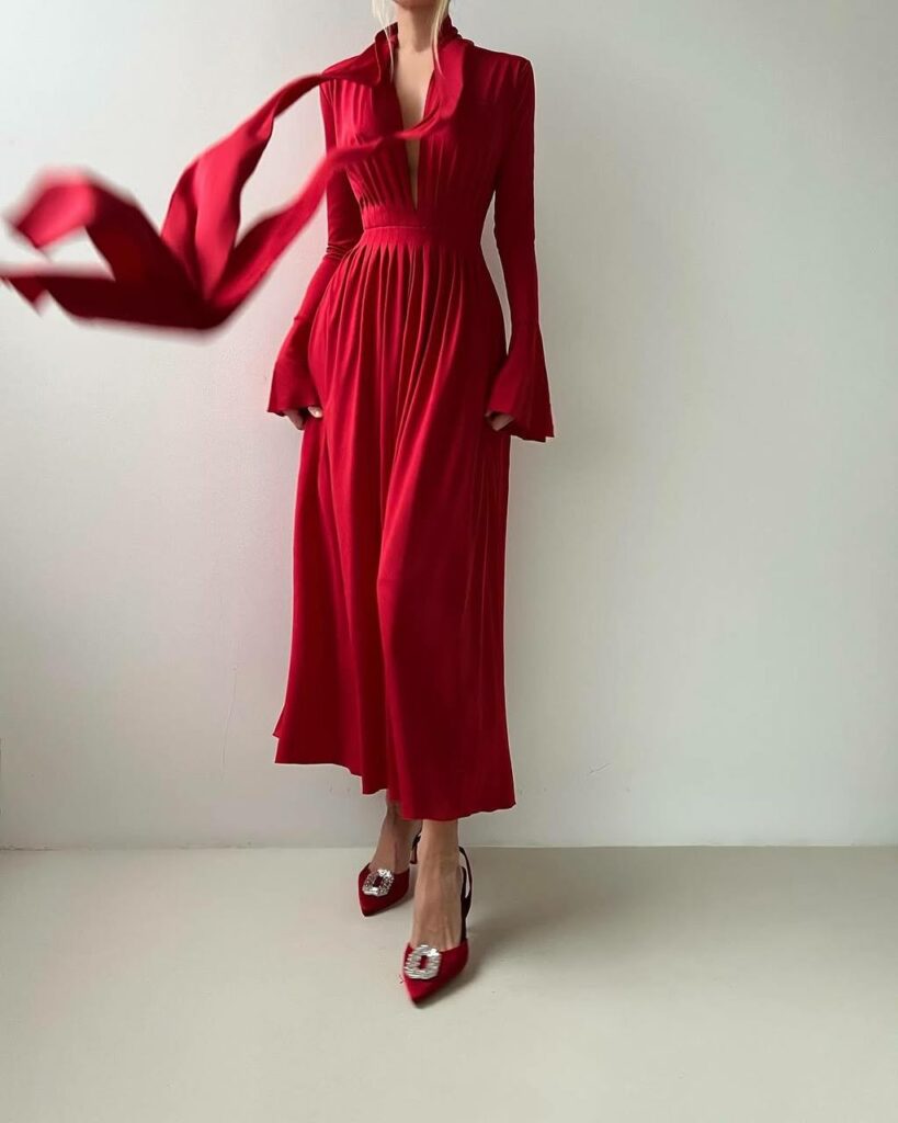 Red godet dress 9