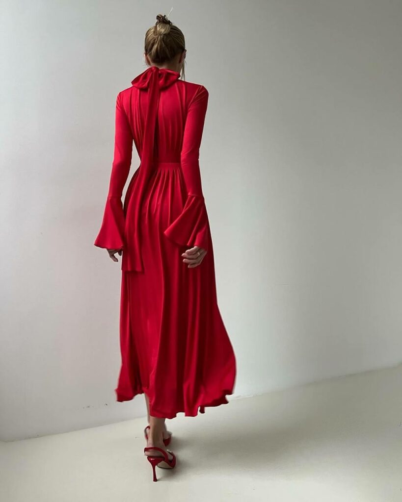 Red godet dress 11