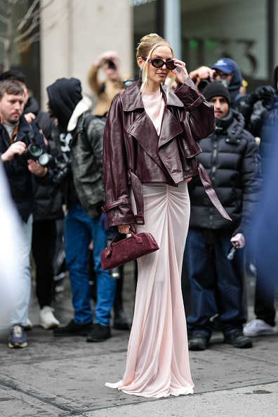 Leonie Hanne at New York Fashion Week brown leather