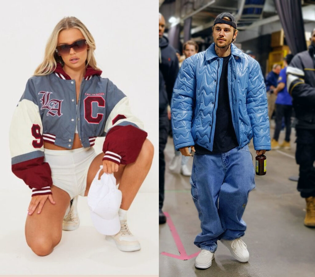 bomber jacket girl in letter jacket man in puffer jacket 