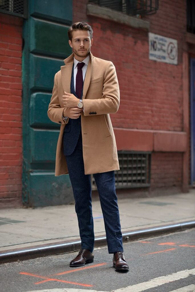 Man wearing beige wool Trench coats