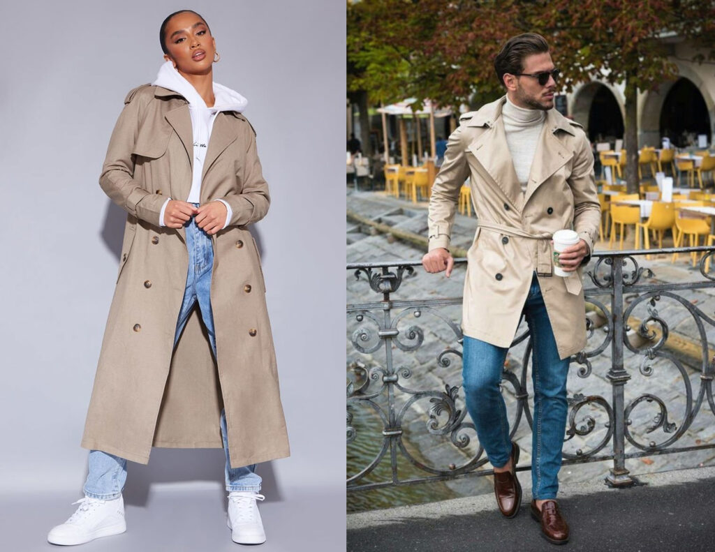 man in sun glasses and woman in hoodie wearing Trench coats
