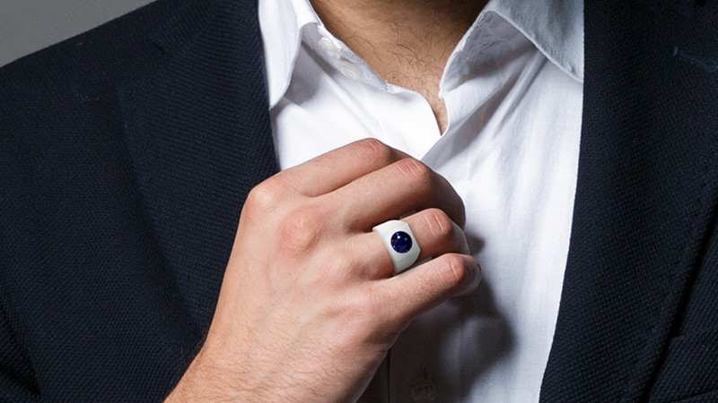 men's wedding bands hand with black stone ring