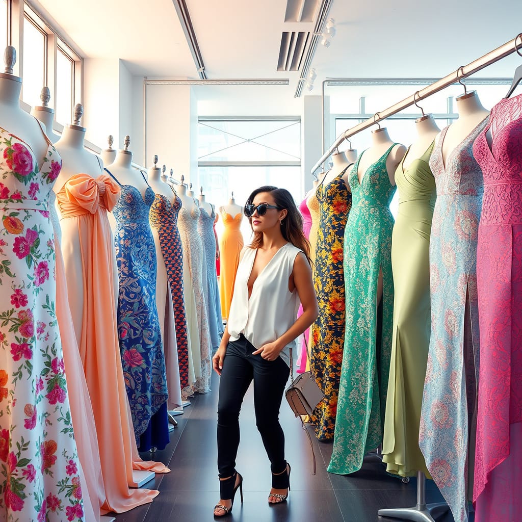 woman in sunglasses surrounded by beautiful dresses