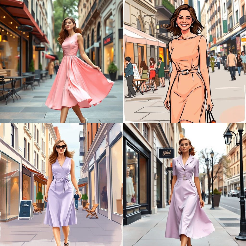 various street scenes of a woman in a beautiful dress