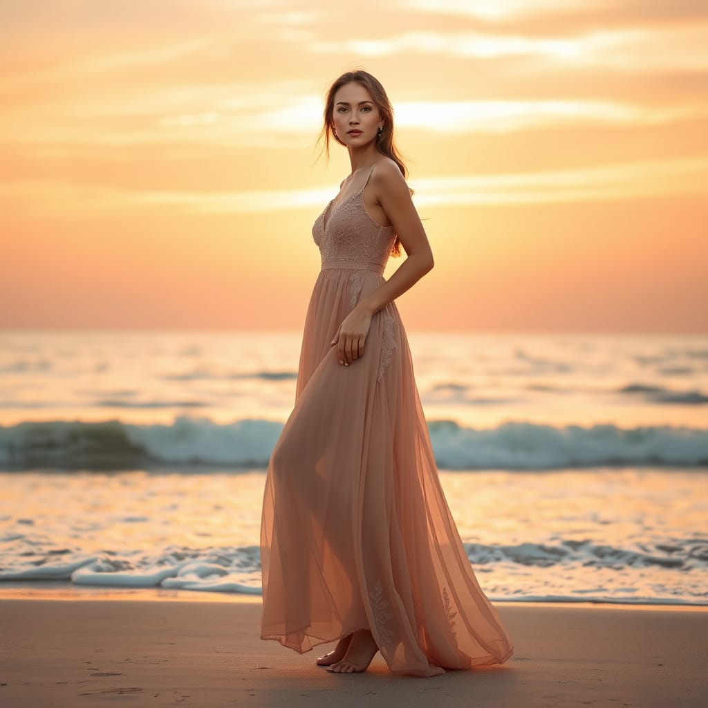 woman in a pink beautiful dress on the beach