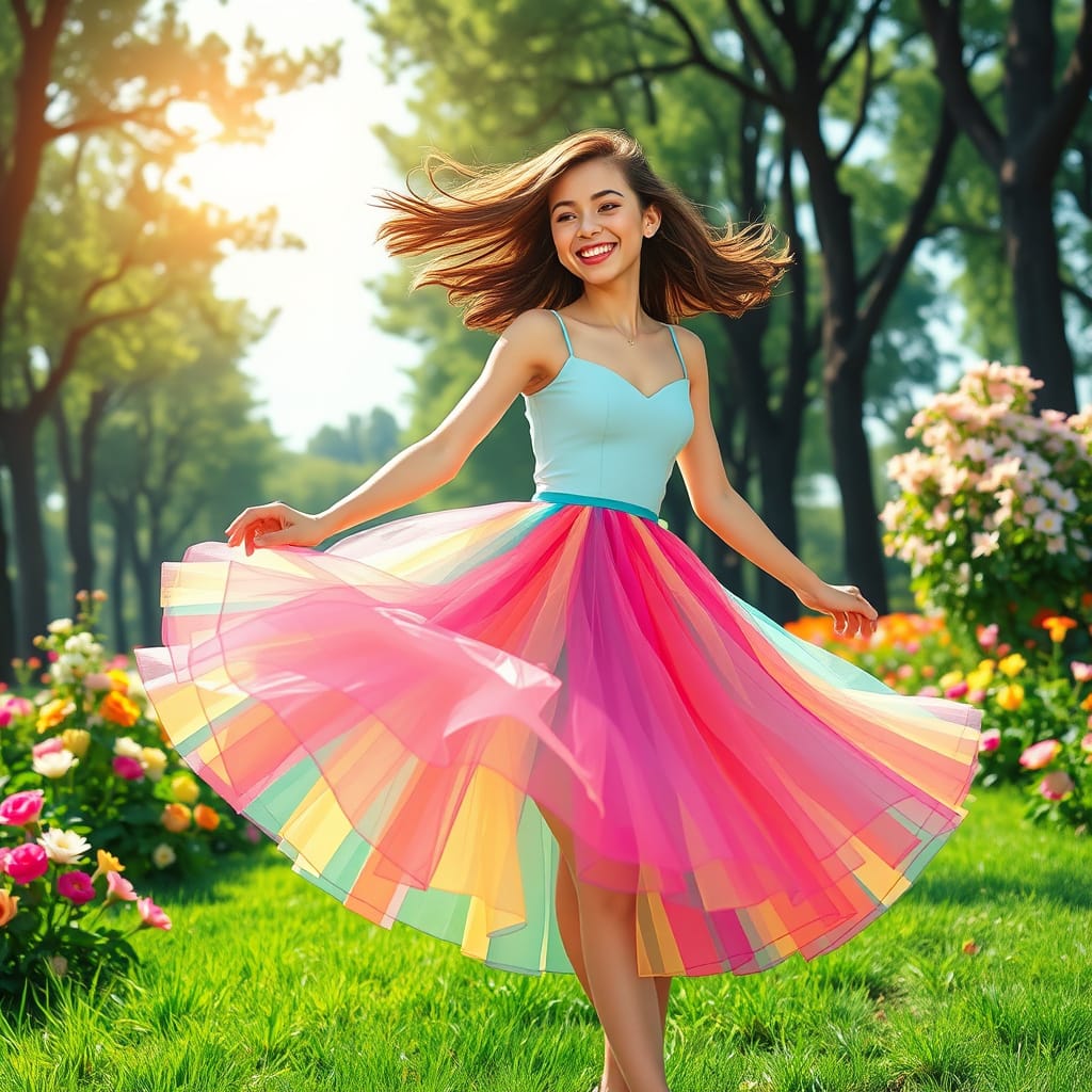 Girl in rainbow colored skirt