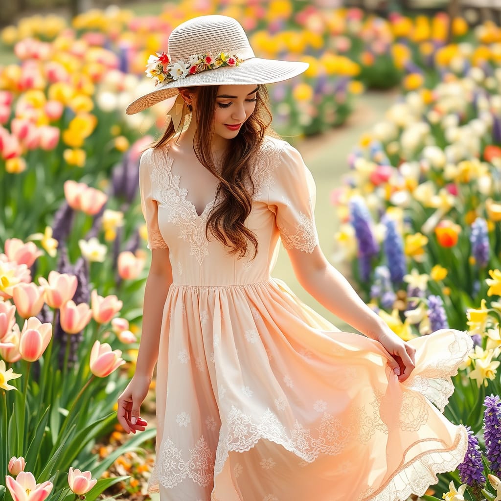 girl in peach dress with matching hat