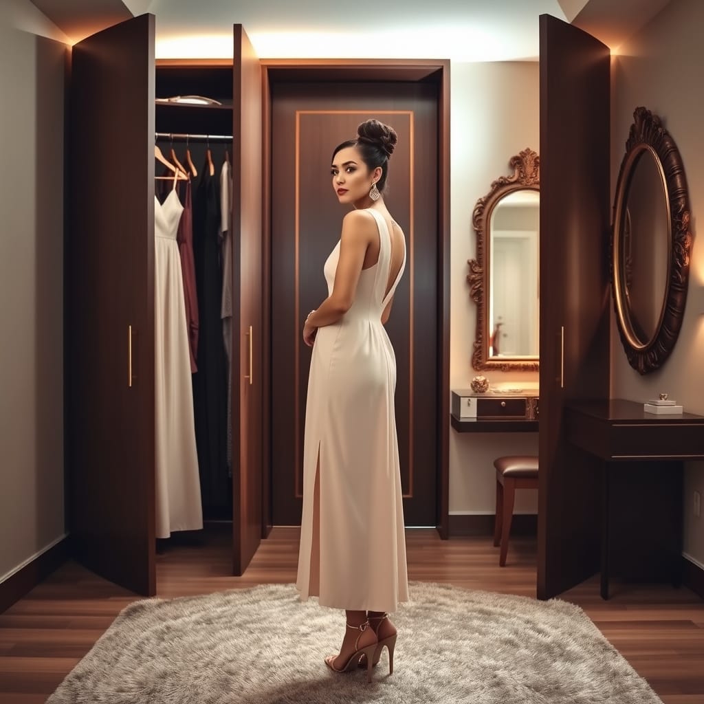 girl in front of closet in beige dress