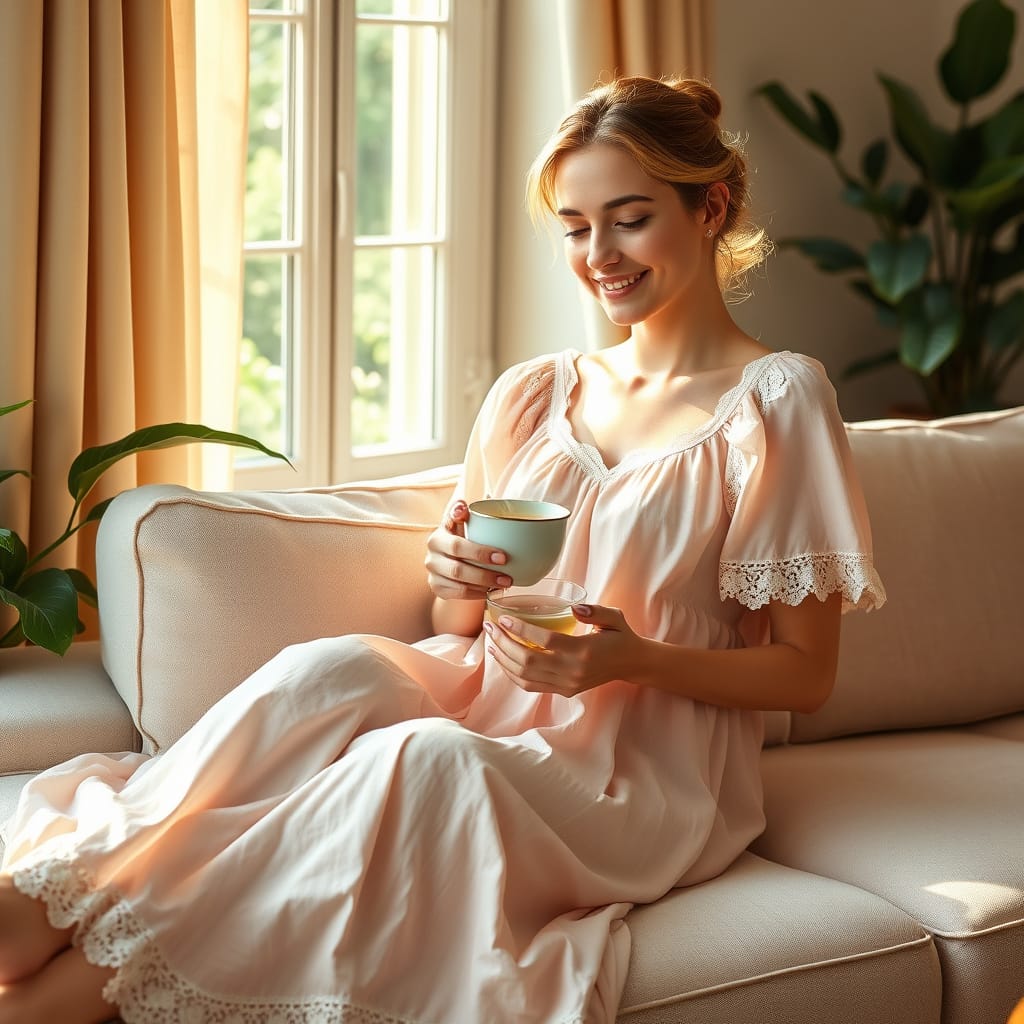 woman on sofa drinking tea