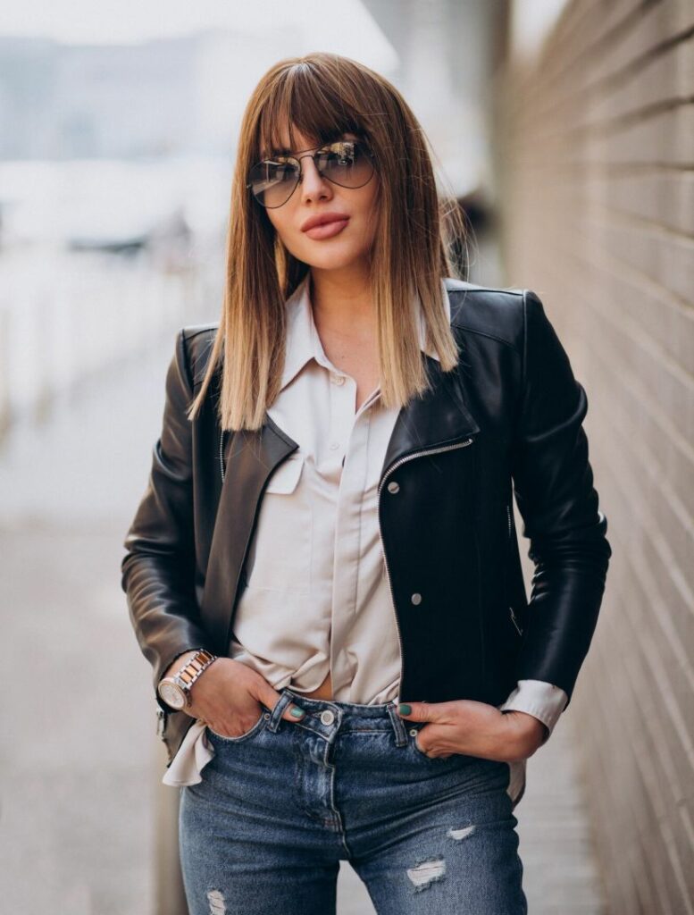 spring fashion black leather with jeans 