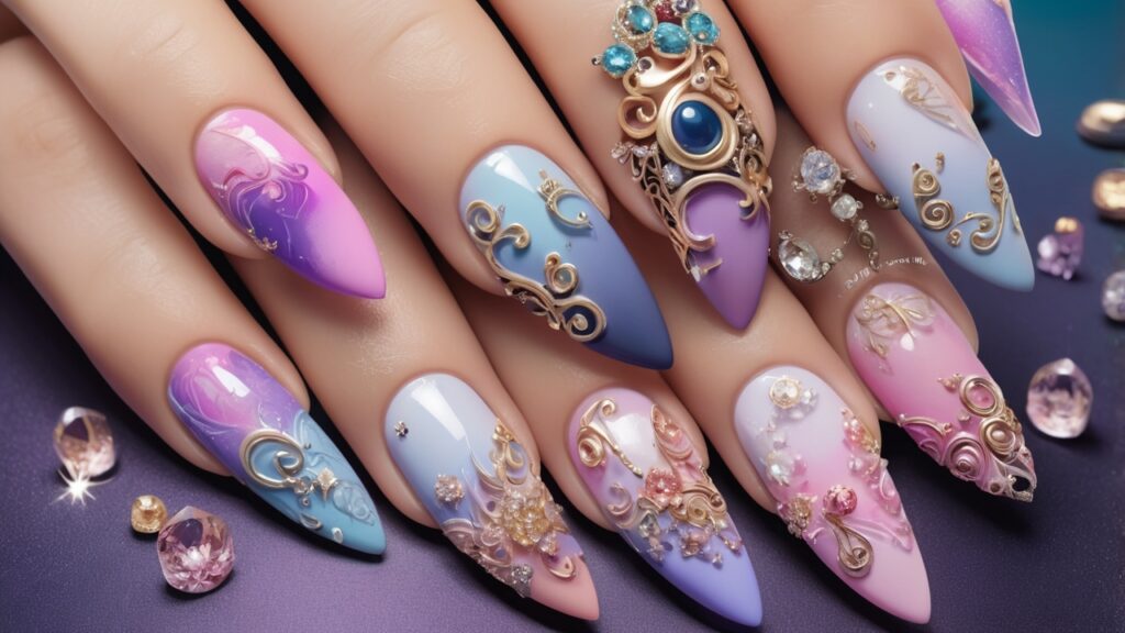 Various types of Nail art on two hands
