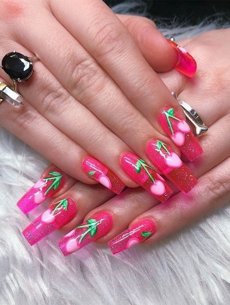 Cherry Jelly Nails with Gold Flakes for a Luxe Touch