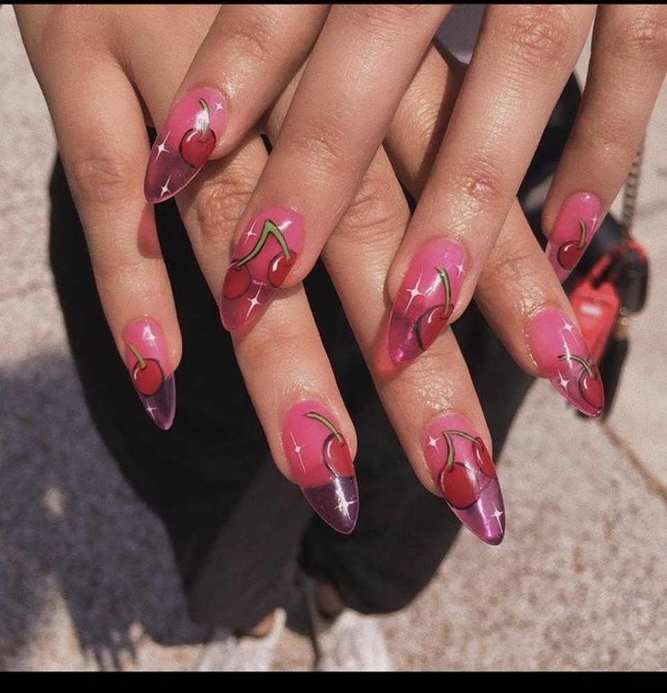 Cherry Jelly Nails with Rhinestones for Extra Sparkle