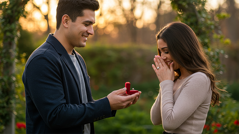 Birthstones man holding jewelry box out to woman