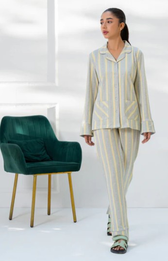 button-down pajama set yellow and gray