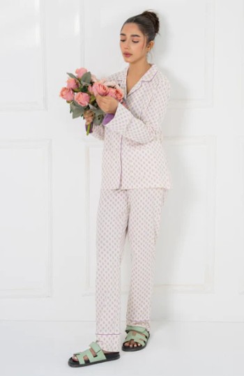 button-down pajama set puttple and white