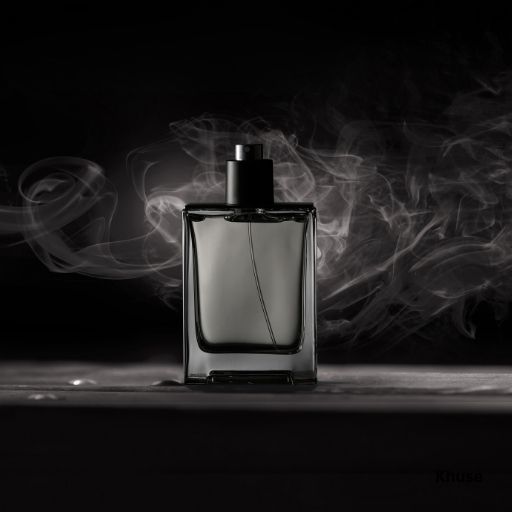 Khus Perfume bottle on black background with smoke