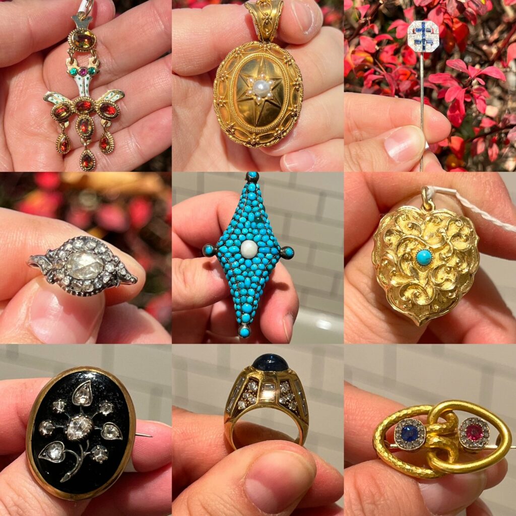 New York Spring Jewelry, Antique & Object Show holding various peices of jewelry