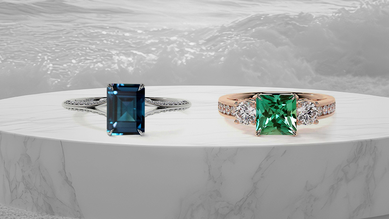 alexandrite rings with diamond on either side