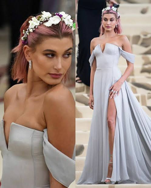 Met Gala 2025 long gown with flowers in the hair 