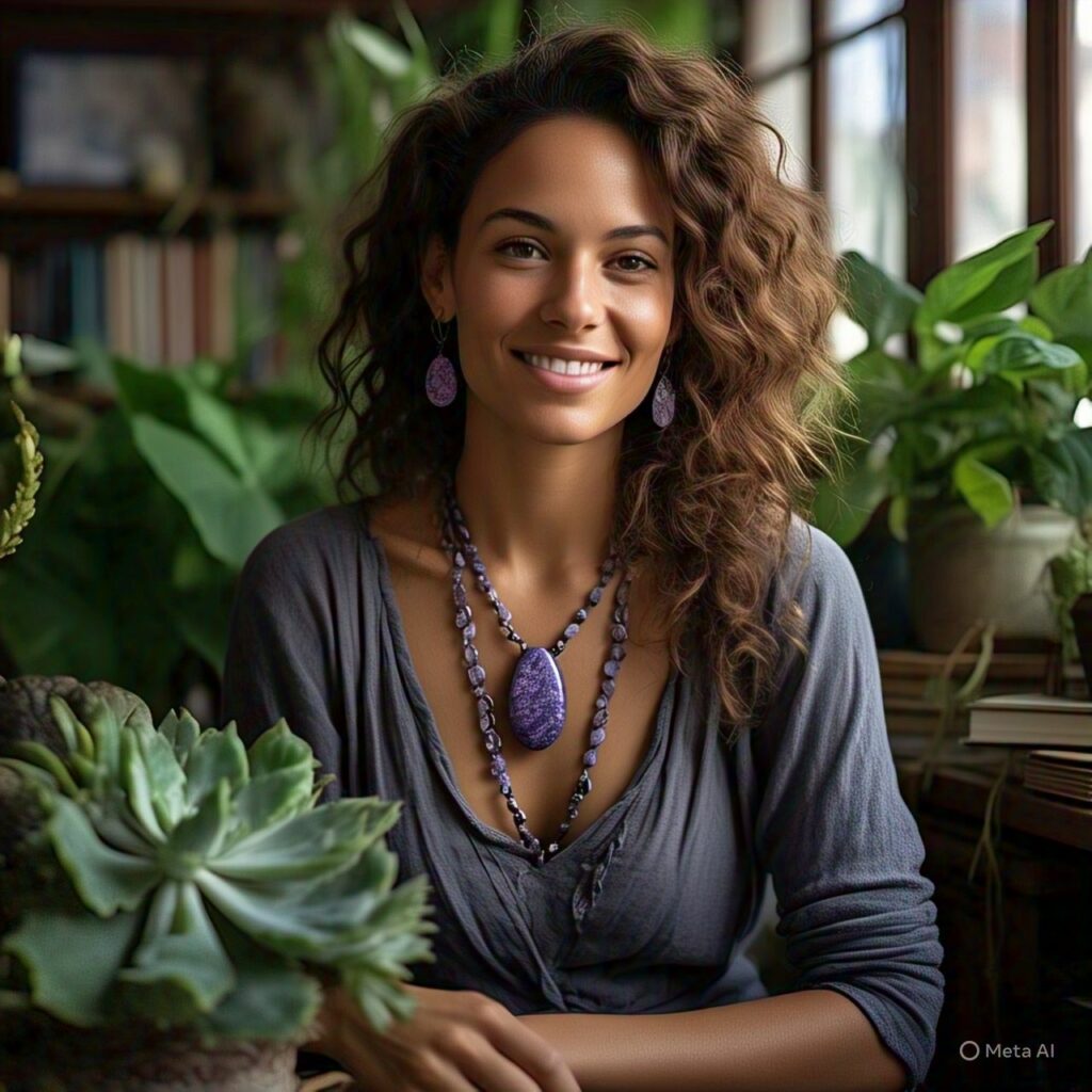 girl wearing charoite jewelry earrings and necklace