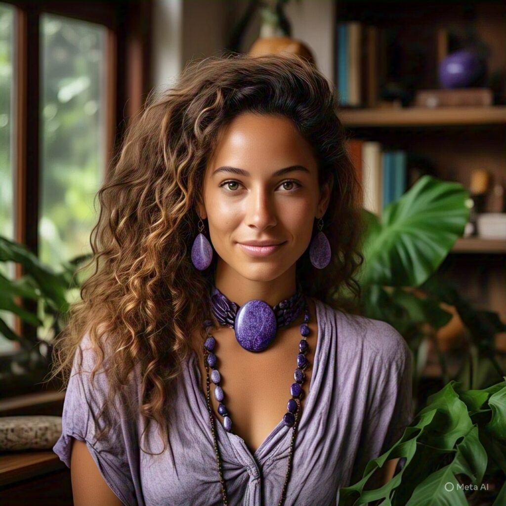 woman wearing charoite jewelry
