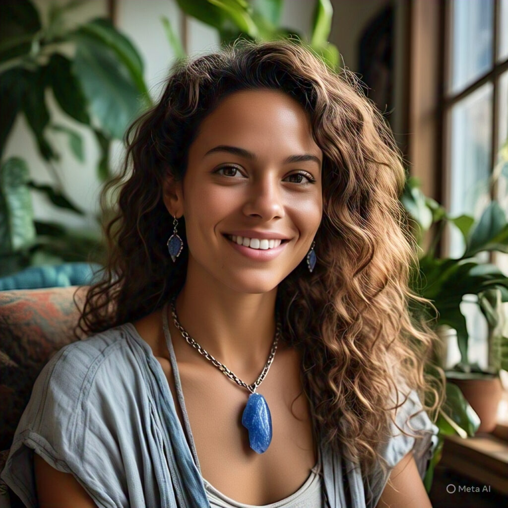 Curly haired woman wearing Kyanite Jewelry