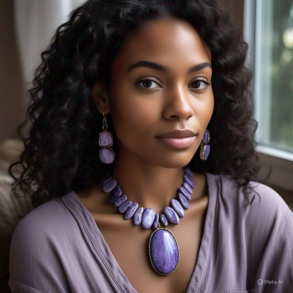 Black woman wearing Charoite Jewelry