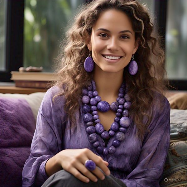 Blond woman wearing Charoite Jewelry