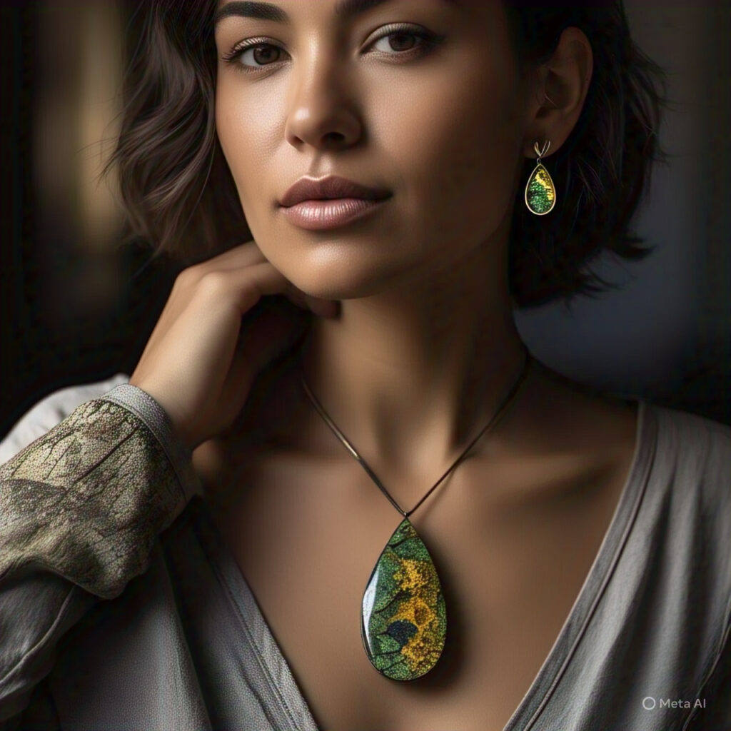 Dark haired woman wearting Pietersite jewelry