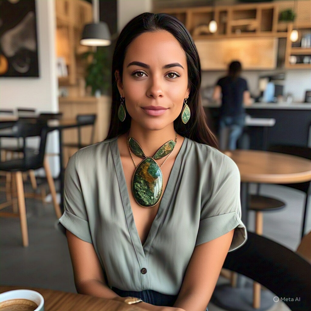 woman wearing large Pietersite jewelry