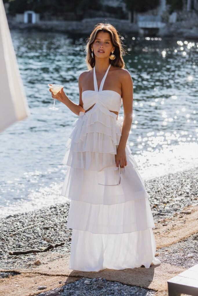 young woman in Selena Ruffle Maxi Dress