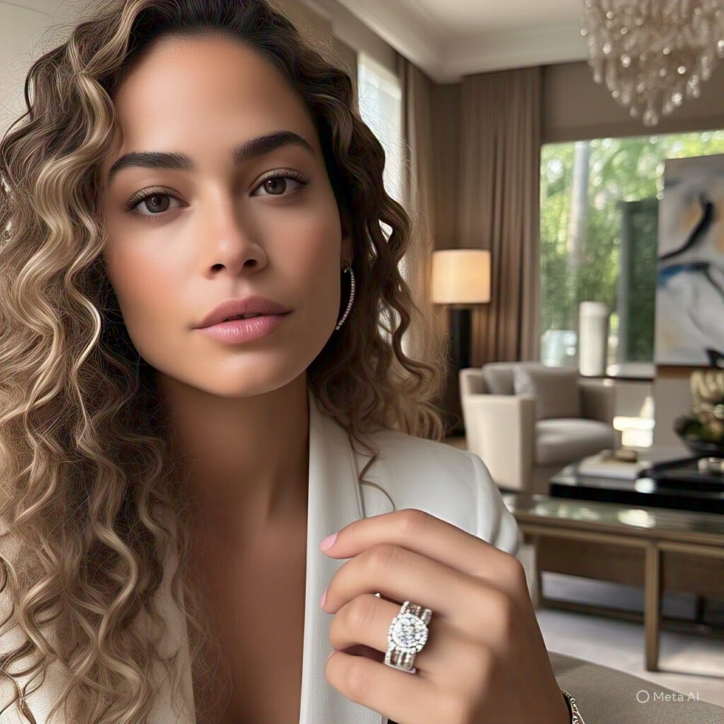 girl wearing lab grown three stone diamond rings