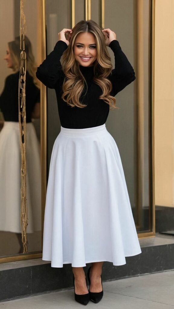 woman in black sweater wearing white volume skirts