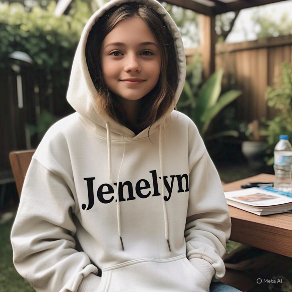 Custom hooded sweatshirts and custom hoodies girl wearing hoodie with her name on it 