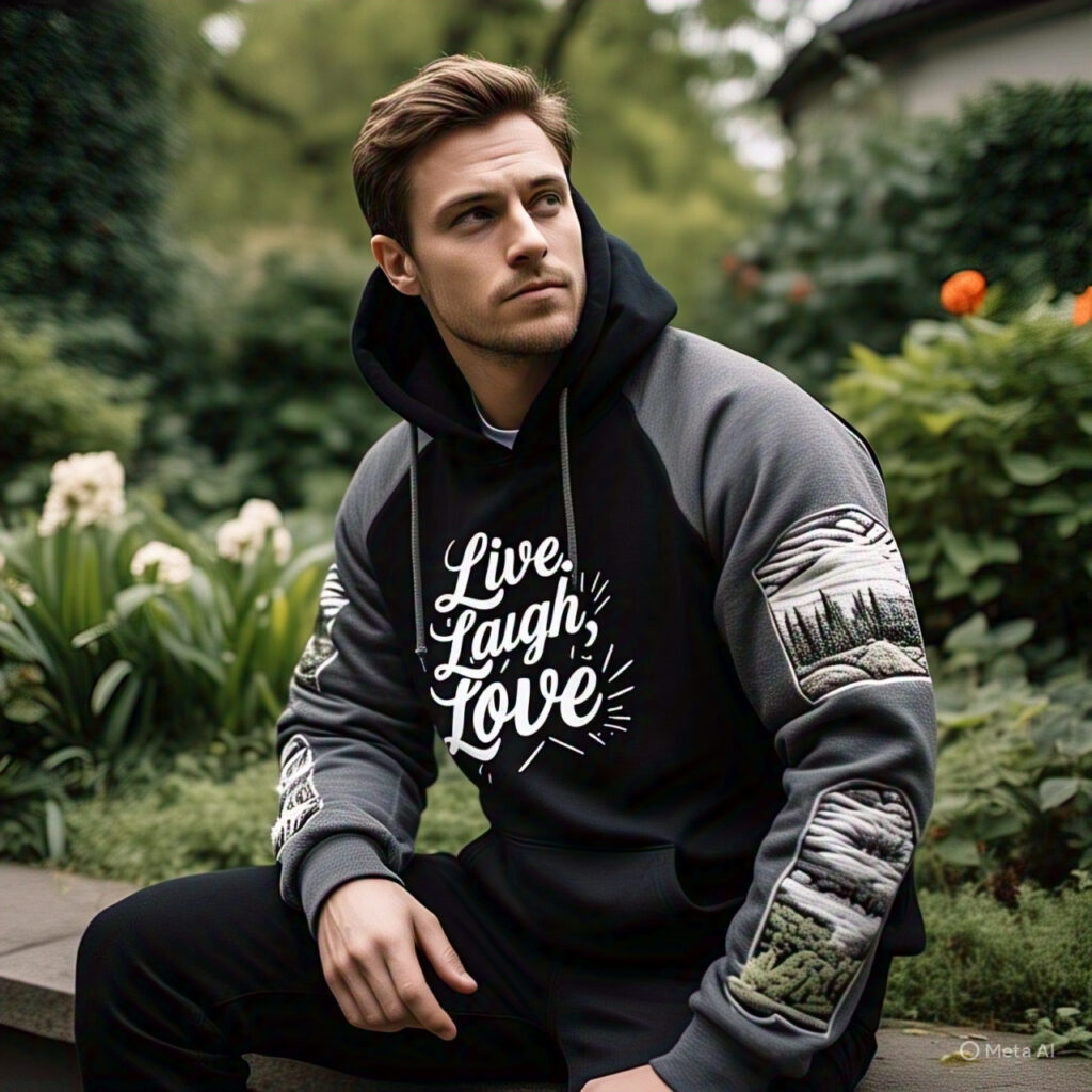 Custom hooded sweatshirts and custom hoodies man wearing hoodiesays live love laughCustom hooded sweatshirts