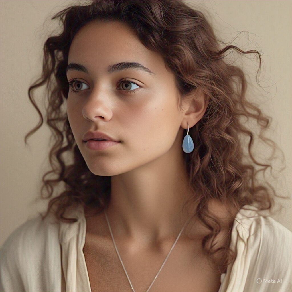 Curly haired girl wearing Kyanite Jewelry