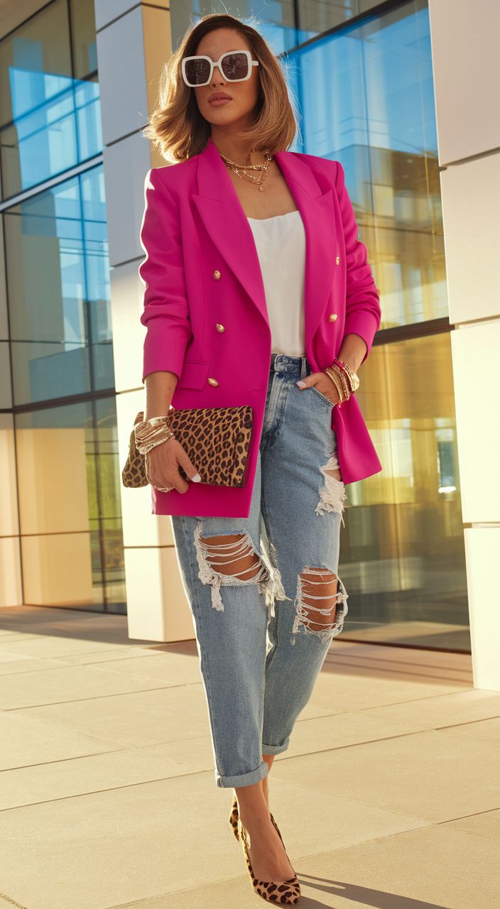 transition ripped jeans and pink blazer