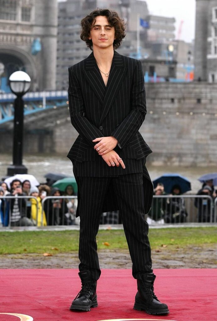 Timothée Chalamet in black strippped suit