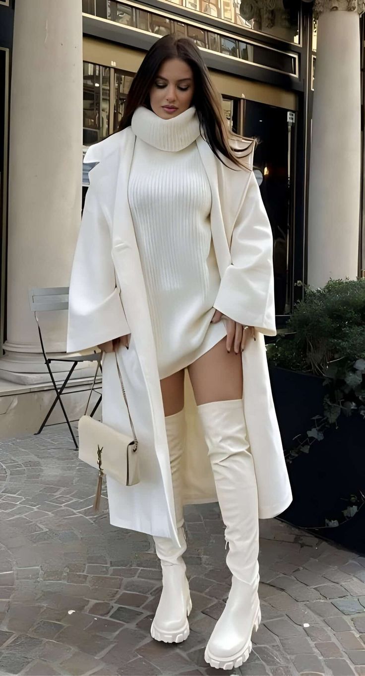 White sweater dress with knee-high boots