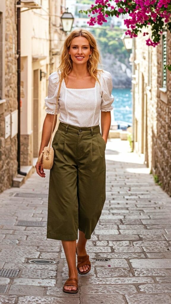 lond woman wearing olive-green trousers