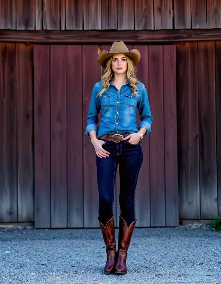woman in cowblot hat and boots wearing Western denim top and jeans