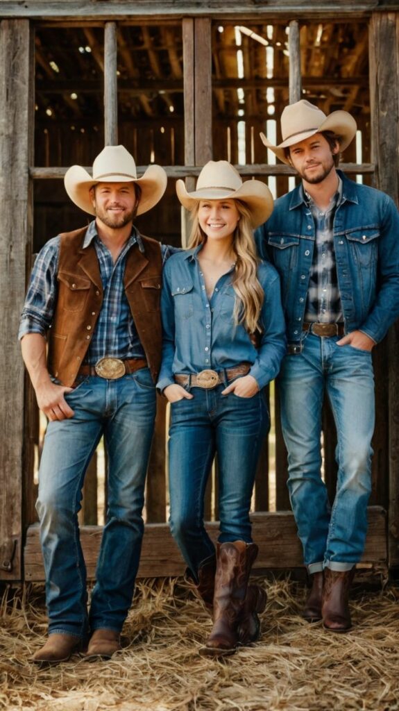 two men and a woman wearing country styled Western denim