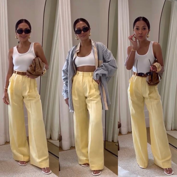 woman in yellow slacks with various tops for her summer wardrobe