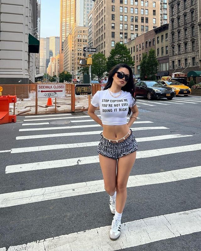 Girl wearing crop top and block striped bloomers