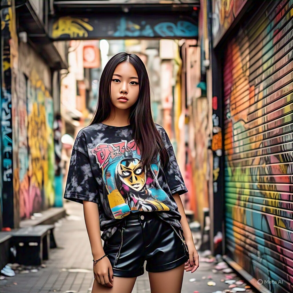 Teenager wearing an oversized graphic tee and leather shorts