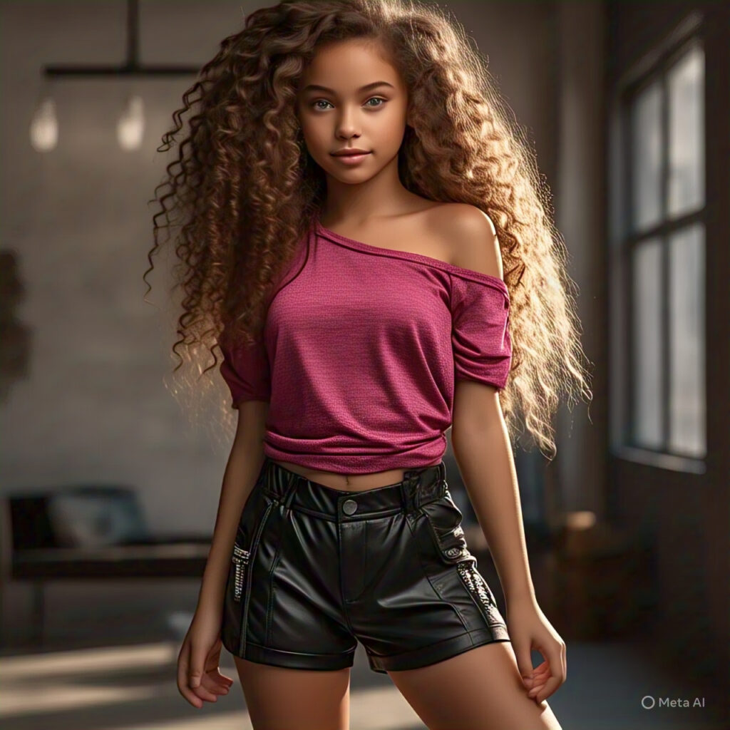curly haired girl wearing off the shoulder tee shirt and leather shorts