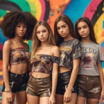 4 girls wearing various tops with leather shorts